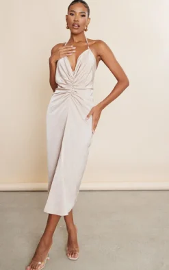 Champagne Satin Halter Plunge Ruched Waist Midaxi Dress