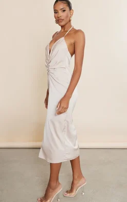 Champagne Satin Halter Plunge Ruched Waist Midaxi Dress