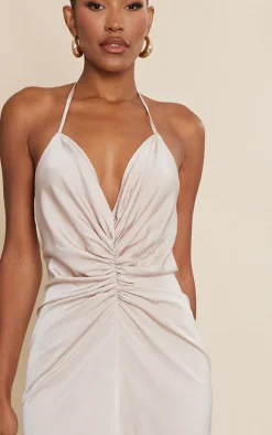 Champagne Satin Halter Plunge Ruched Waist Midaxi Dress