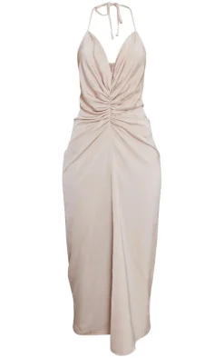 Champagne Satin Halter Plunge Ruched Waist Midaxi Dress