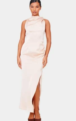 Champagne Satin High Neck Ruched Back Detail Midi Dress