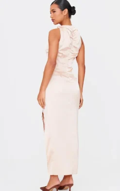 Champagne Satin High Neck Ruched Back Detail Midi Dress