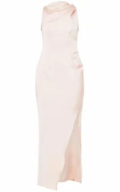 Champagne Satin High Neck Ruched Back Detail Midi Dress