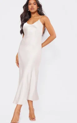 Champagne Satin V Neck Slip Dress