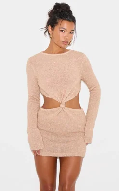 Champagne Tinsel Knit Twist Front Open Back Mini Dress