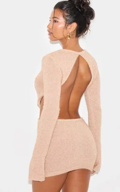 Champagne Tinsel Knit Twist Front Open Back Mini Dress