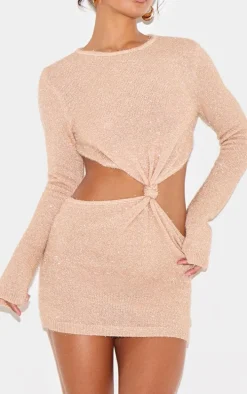 Champagne Tinsel Knit Twist Front Open Back Mini Dress