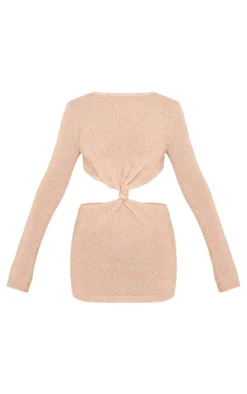 Champagne Tinsel Knit Twist Front Open Back Mini Dress