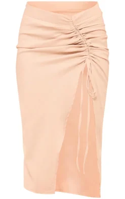 Champagne Woven Ruched Detail Midi Skirt