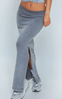 Charcoal Acid Wash Cotton Fold Over Maxi Skirt