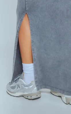 Charcoal Acid Wash Cotton Fold Over Maxi Skirt