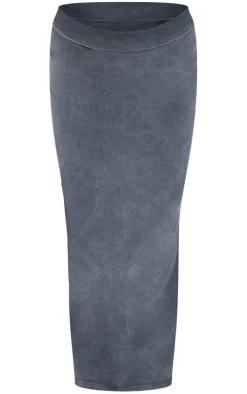 Charcoal Acid Wash Cotton Fold Over Maxi Skirt