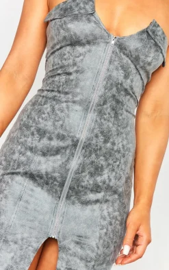 Charcoal Acid Wash Faux Suede Bandeau Zip Through Midi Dress