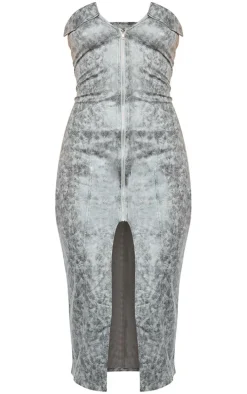 Charcoal Acid Wash Faux Suede Bandeau Zip Through Midi Dress