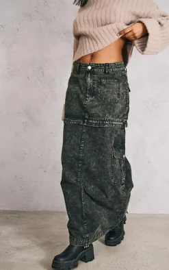 Charcoal Acid Wash Heavy Twill Cargo Maxi Skirt With Separating Zip