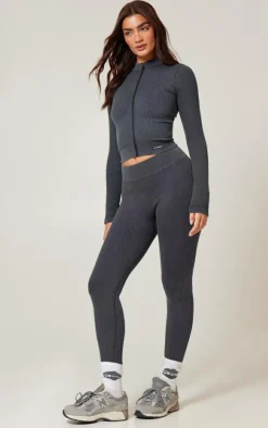 Charcoal Acid Wash Rib Seamless High Waist Gym Leggings