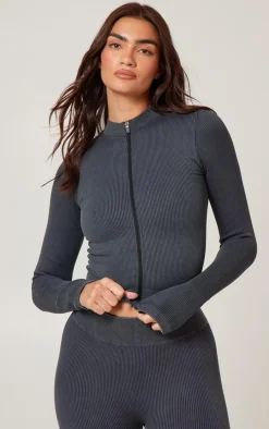 Charcoal Acid Wash Seamless Ribbed Zip Up Cropped Sports Jacket