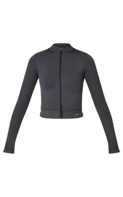 Charcoal Acid Wash Seamless Ribbed Zip Up Cropped Sports Jacket