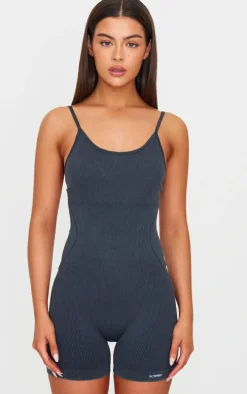 Charcoal Acid Wash Seamless Rib Mini Gym Unitard
