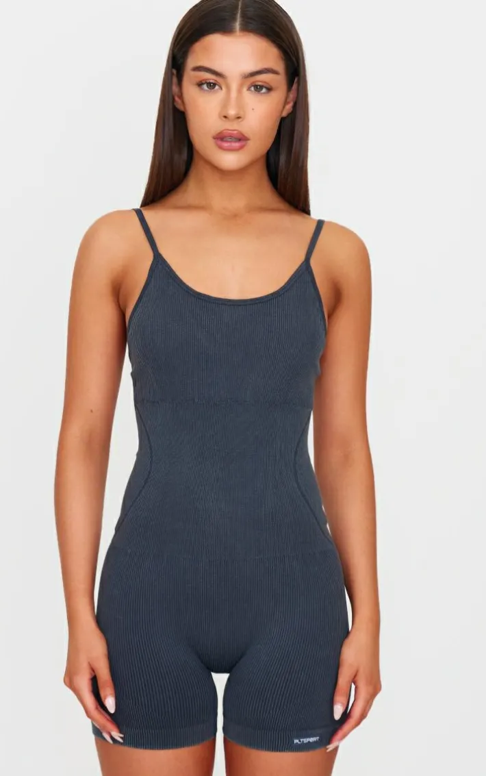 Charcoal Acid Wash Seamless Rib Mini Gym Unitard