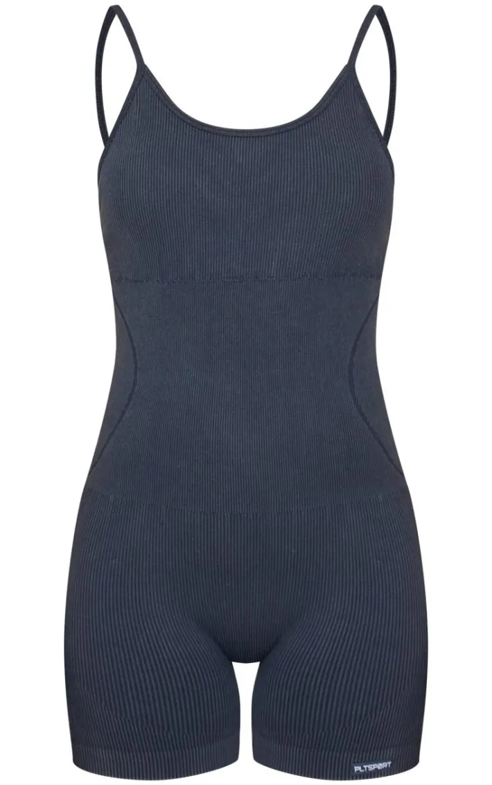 Charcoal Acid Wash Seamless Rib Mini Gym Unitard