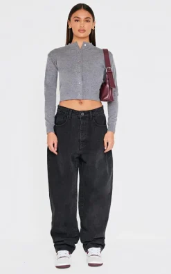 Charcoal Basic Knit Cropped Cardigan