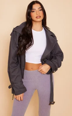 Charcoal Belted Hem Cropped Trench Coat