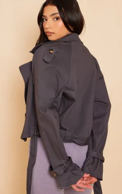 Charcoal Belted Hem Cropped Trench Coat