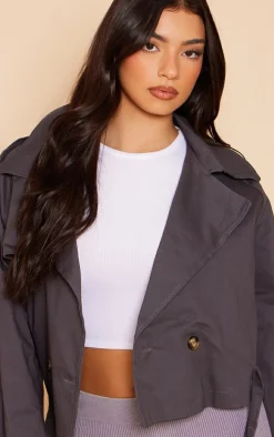 Charcoal Belted Hem Cropped Trench Coat