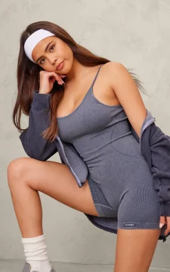 Charcoal Blue Acid Wash Seamless Gym Unitard