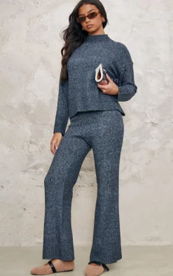 Charcoal Blue Luxe Knit Wide Leg Pants