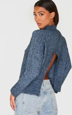 Charcoal Blue Luxe Knit High Neck Open Back Sweater