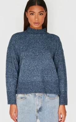 Charcoal Blue Luxe Knit High Neck Open Back Sweater