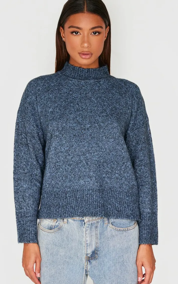 Charcoal Blue Luxe Knit High Neck Open Back Sweater