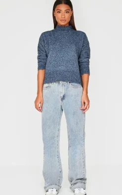 Charcoal Blue Luxe Knit High Neck Open Back Sweater