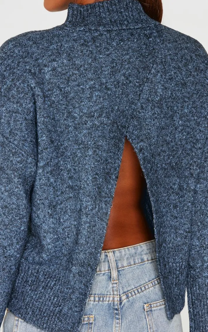 Charcoal Blue Luxe Knit High Neck Open Back Sweater
