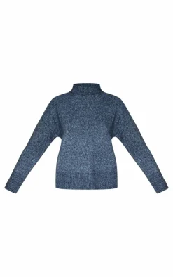 Charcoal Blue Luxe Knit High Neck Open Back Sweater