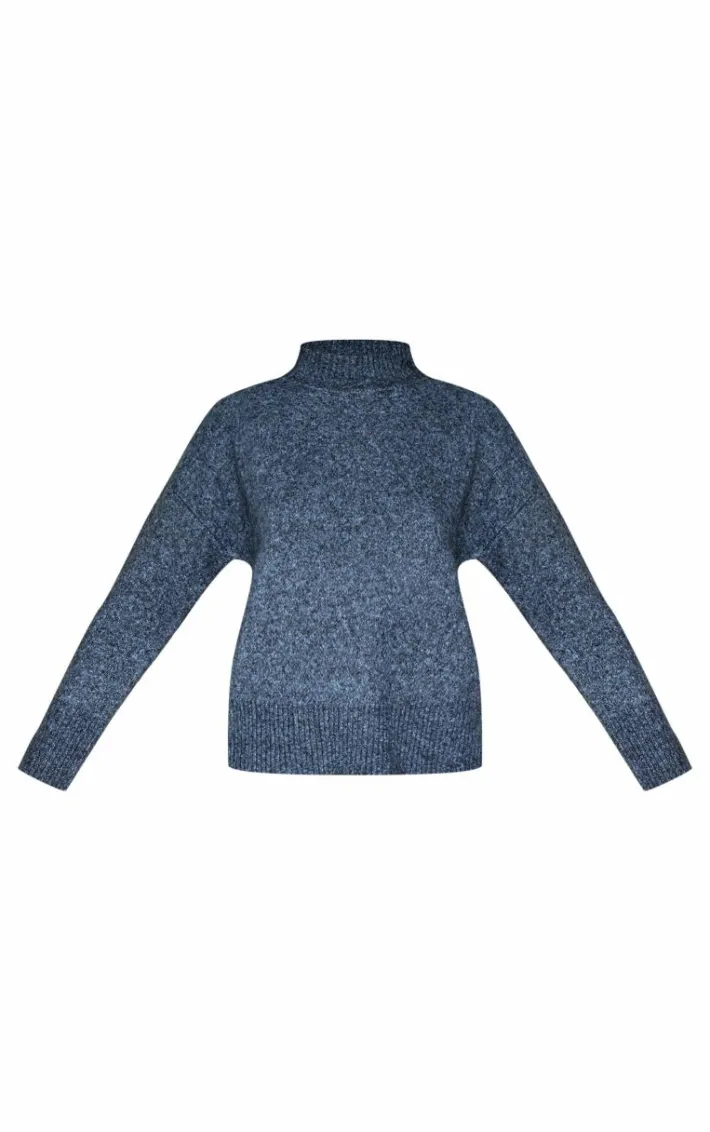 Charcoal Blue Luxe Knit High Neck Open Back Sweater