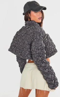 Charcoal Bubble Textured Cropped Puffer Coat