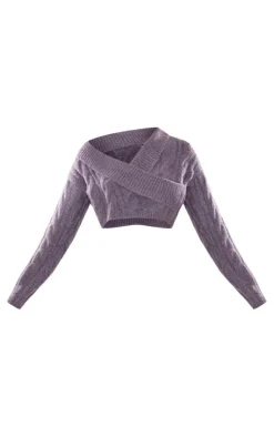 Charcoal Cable Cross Front Wrap Knit Sweater