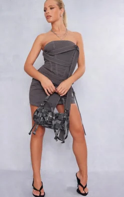 Charcoal Contrast Stitch Strap Detail Wrap Skirt Bandeau Bodycon Dress