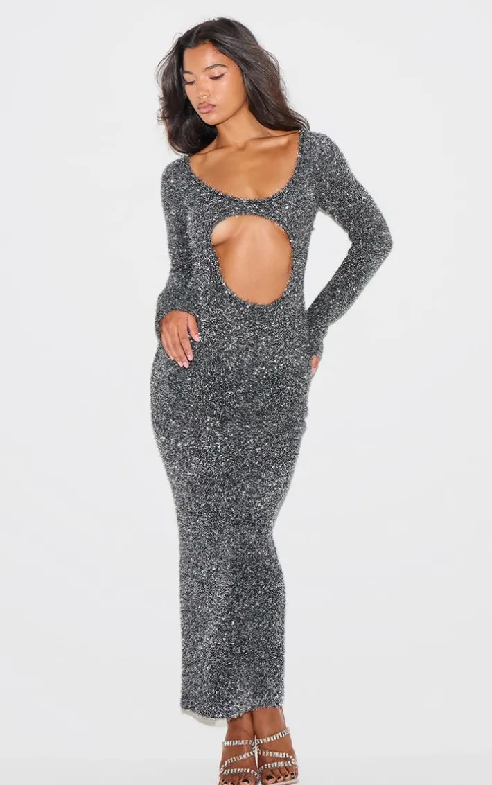 Charcoal Contrast Tinsel Knit Cut Out Detail Maxi Dress