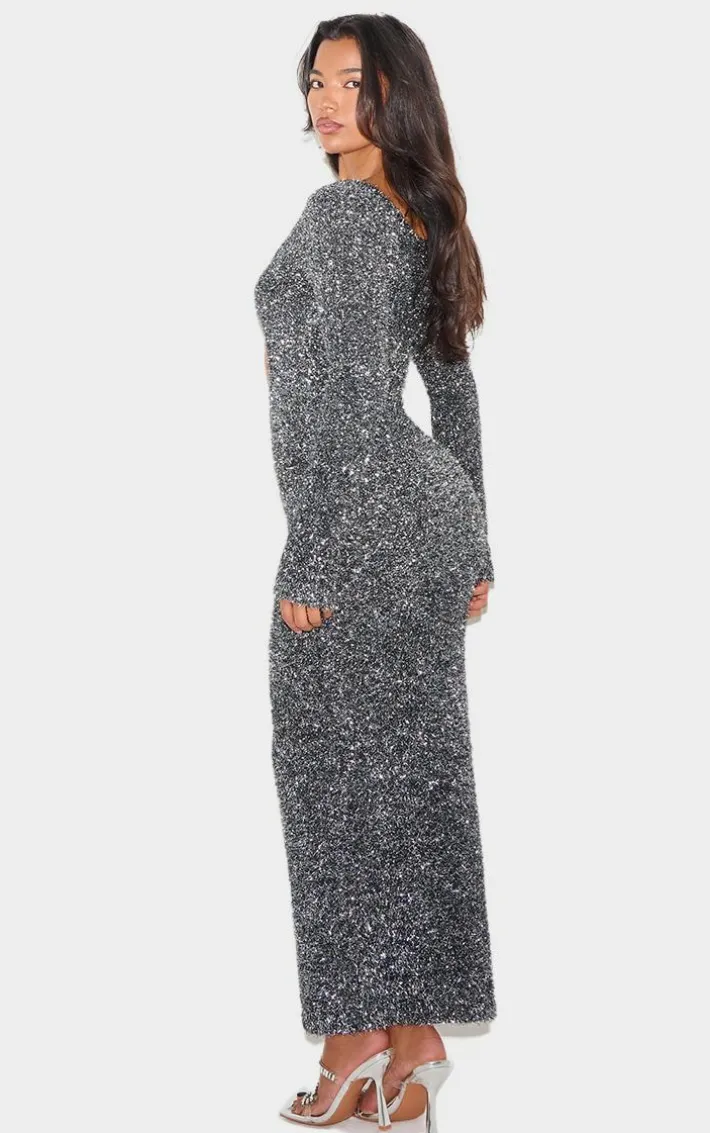 Charcoal Contrast Tinsel Knit Cut Out Detail Maxi Dress