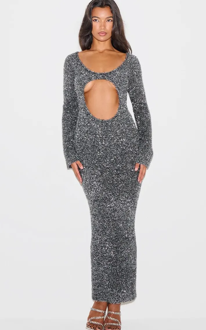 Charcoal Contrast Tinsel Knit Cut Out Detail Maxi Dress