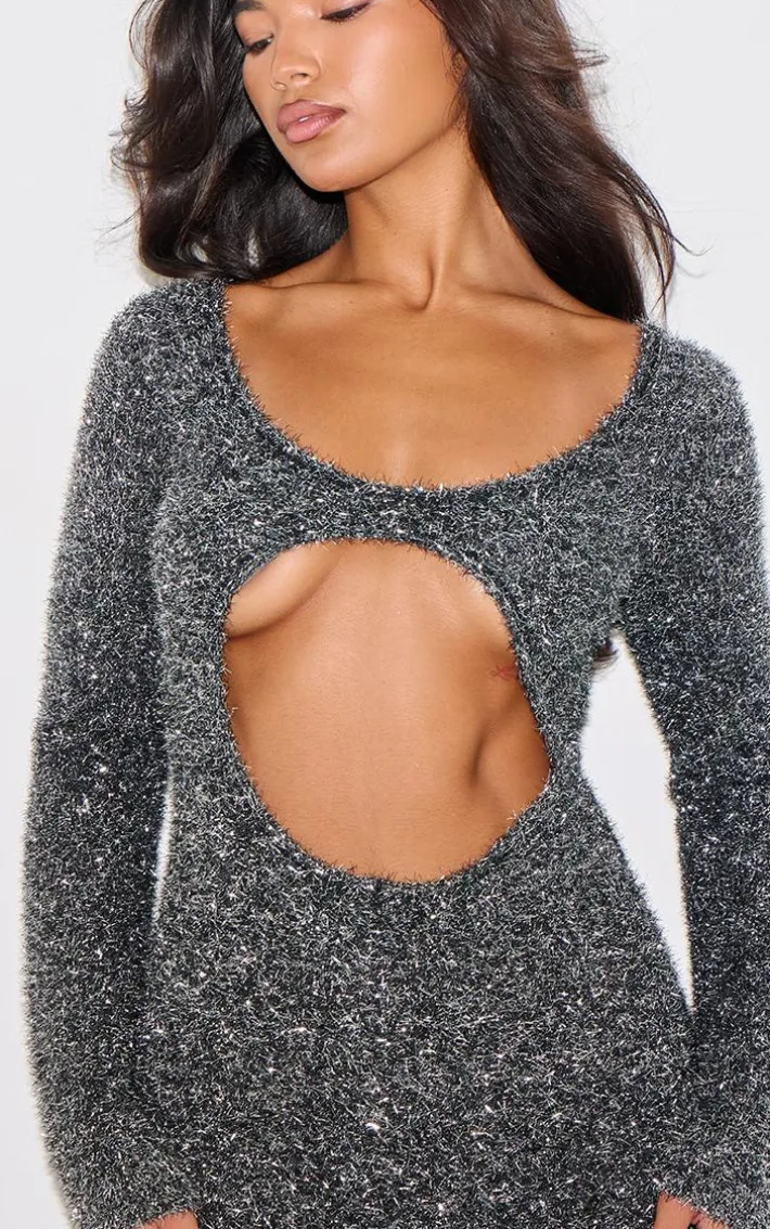 Charcoal Contrast Tinsel Knit Cut Out Detail Maxi Dress
