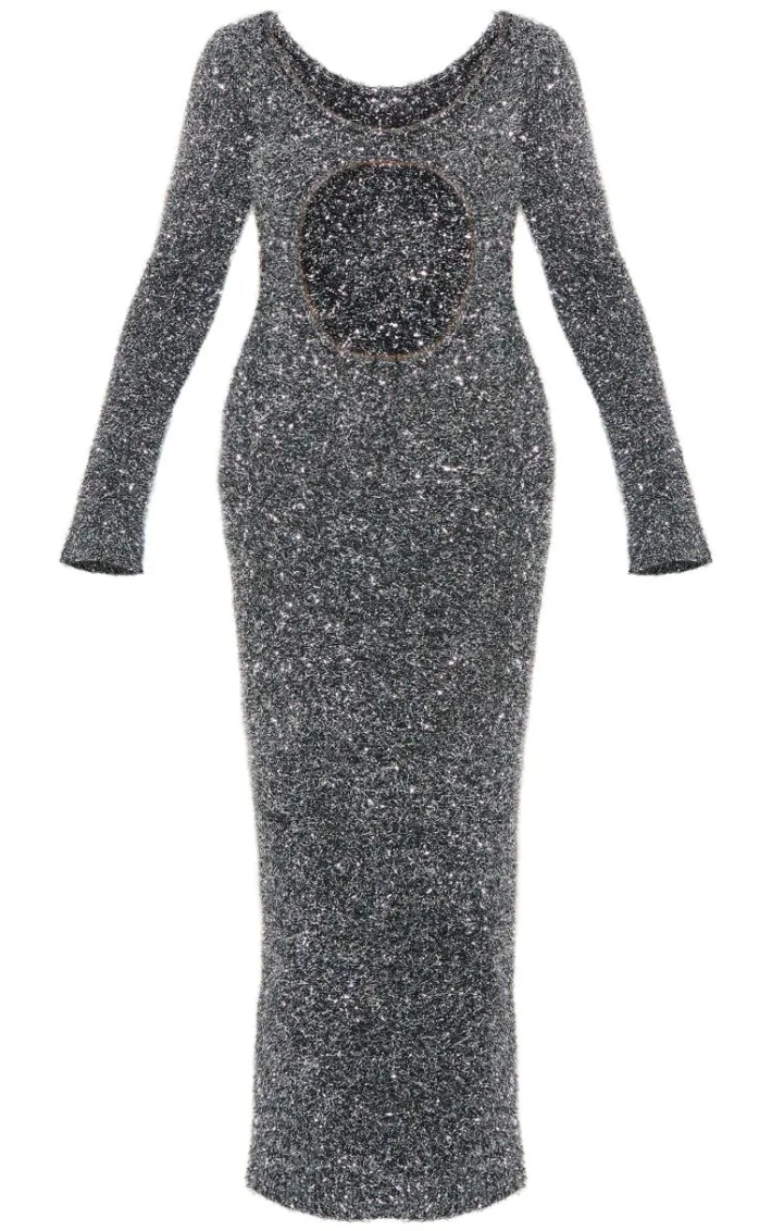 Charcoal Contrast Tinsel Knit Cut Out Detail Maxi Dress