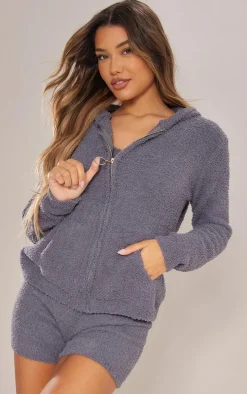 Charcoal Cosy Long Sleeve Zip Up Hooded Pajama Top
