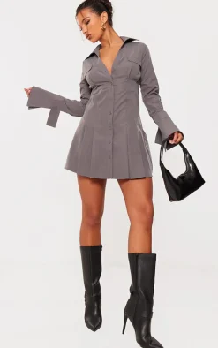 Charcoal Cotton Poplin Pleated Flared Sleeve Shirt Dress