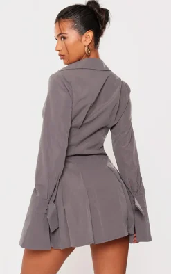 Charcoal Cotton Poplin Pleated Flared Sleeve Shirt Dress