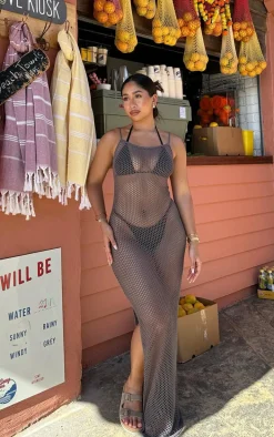 Charcoal Crochet Knit Slim Maxi Beach Dress